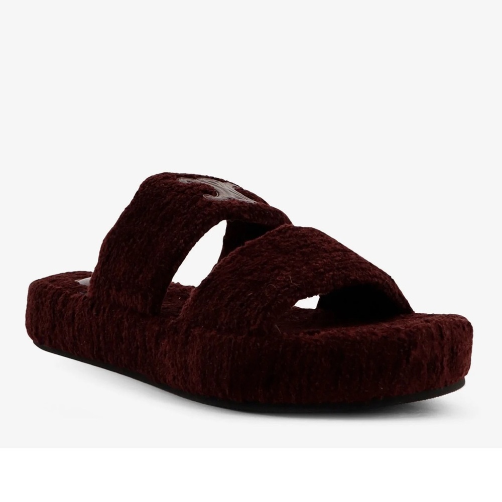 CELINE Triomphe logo shearling double straps platform slides sandals - Picture 2 of 4